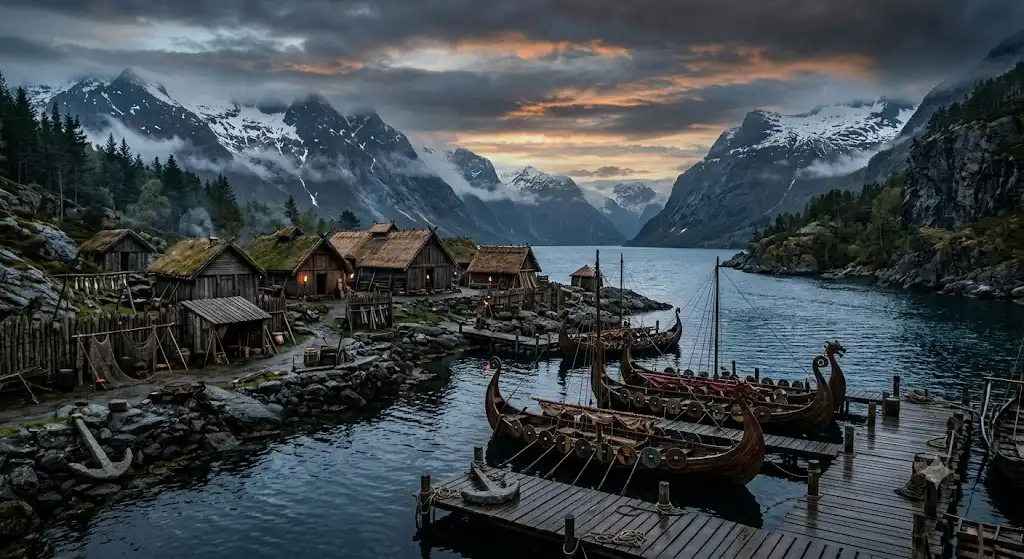 Village Viking au bord d’un fjord