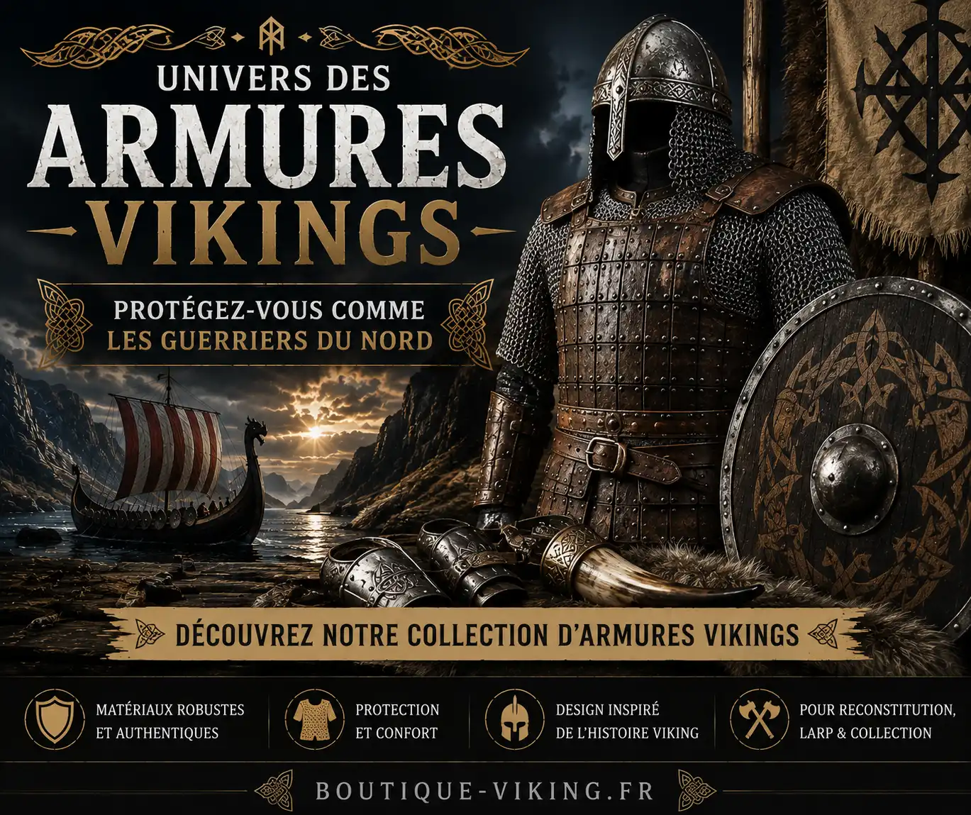 Armure viking avec maille, cuir, casque et bouclier à Lieuron