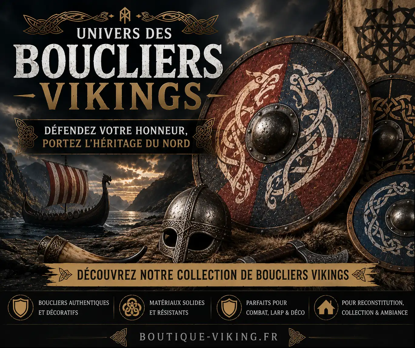 Boucliers vikings ronds ornés de motifs nordiques à Lieuron