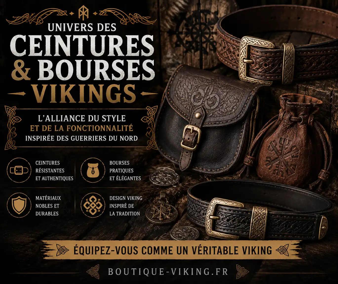 Ceintures et bourses vikings en cuir avec boucles métalliques à Lieuron