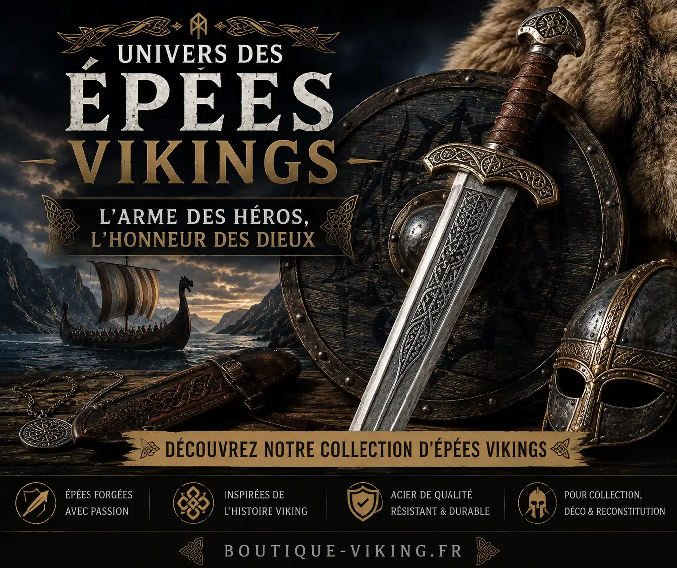 Épée viking décorée avec bouclier rond et drakkar dans un fjord à Lieuron