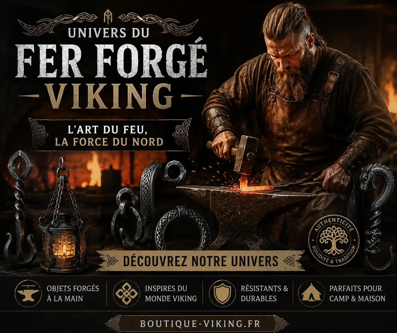 Forgeron travaillant le métal à chaud avec objets en fer forgé viking à Lieuron