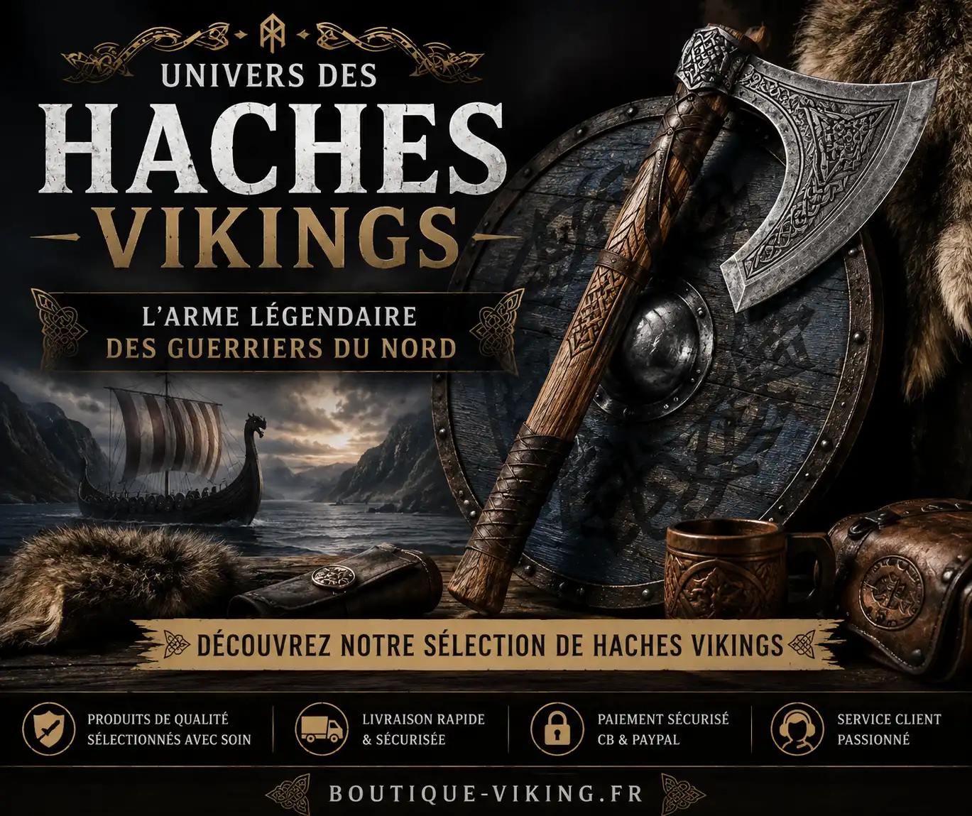 Hache viking gravée devant un bouclier et un drakkar à Lieuron