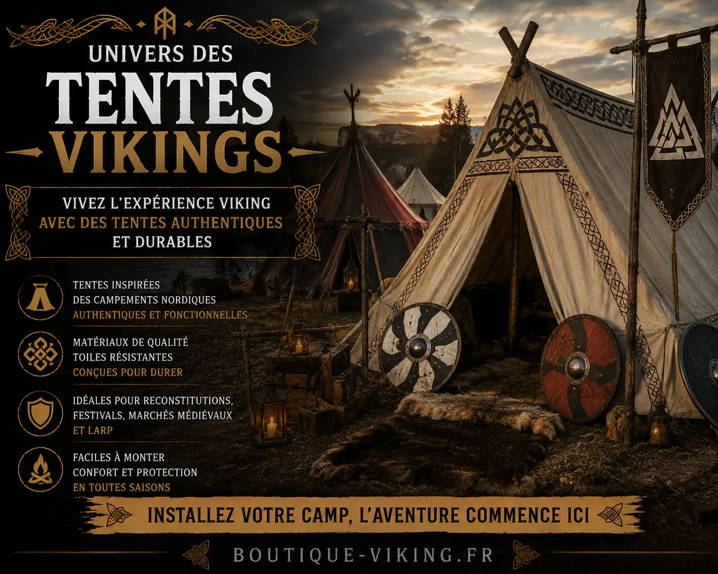Campement viking avec grandes tentes en toile, boucliers et lanternes à Lieuron
