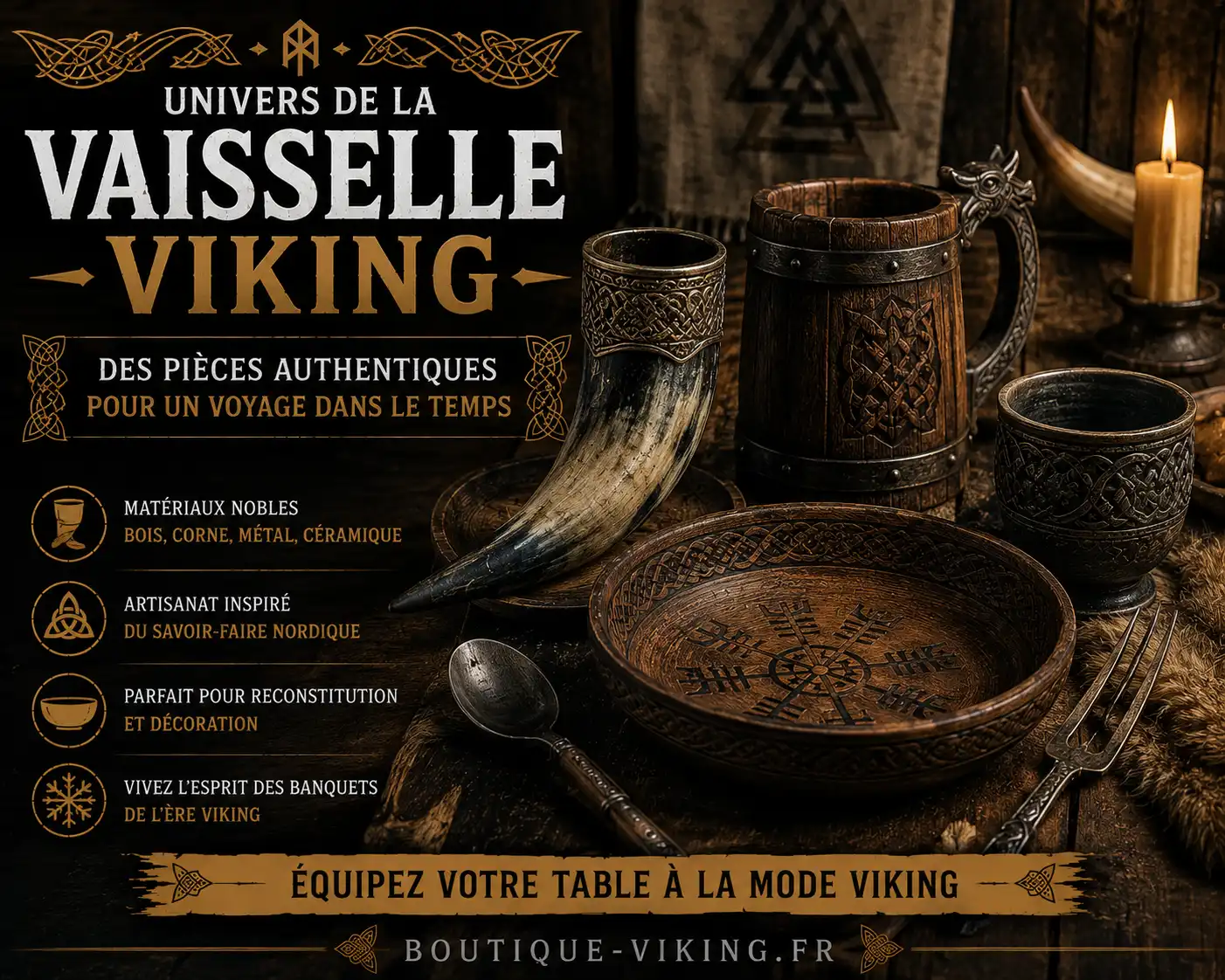 Vaisselle viking avec corne à boire, chope, bol et couverts à Lieuron