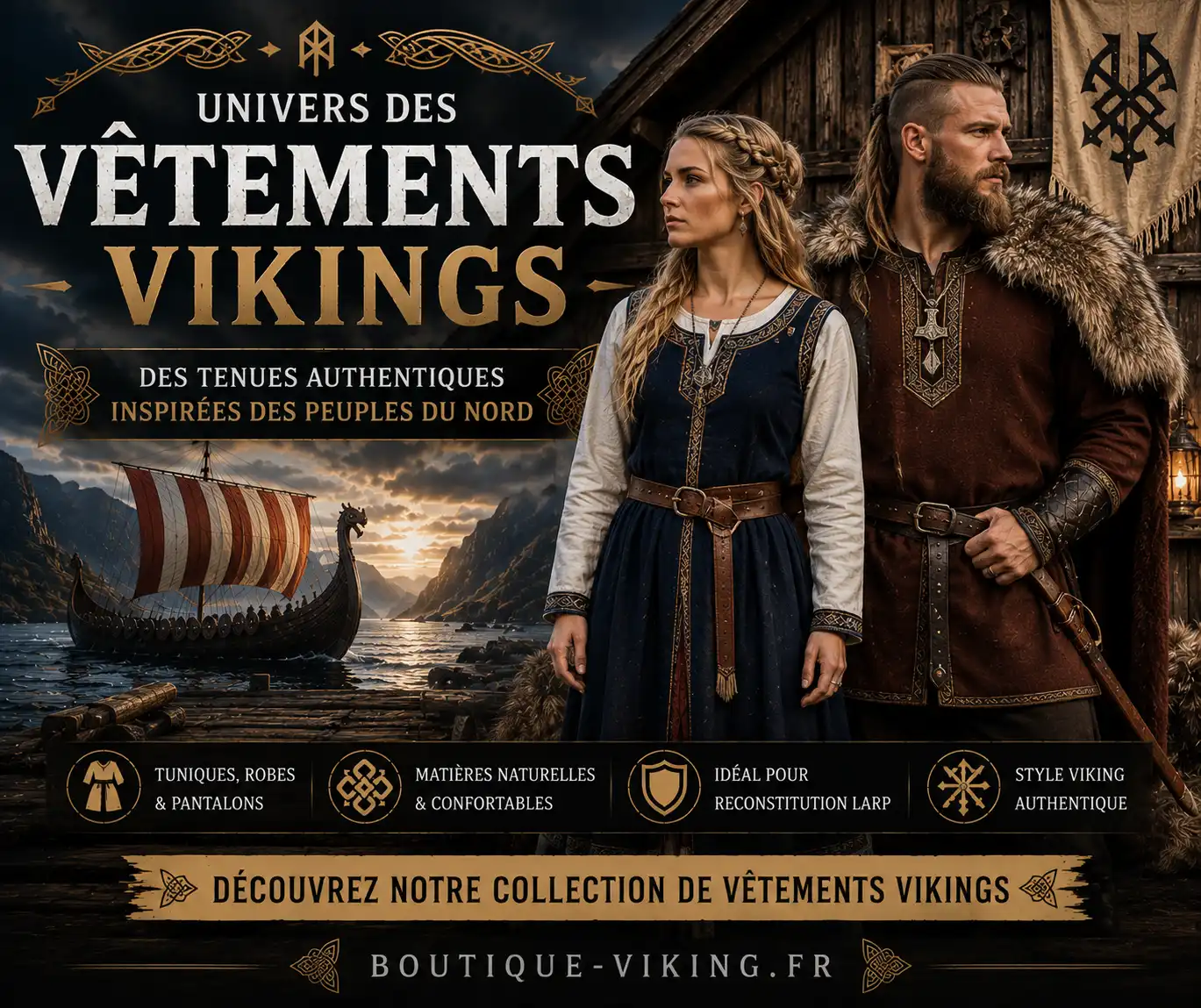 Tenues vikings pour homme et femme avec robe, tunique et fourrure à Lieuron